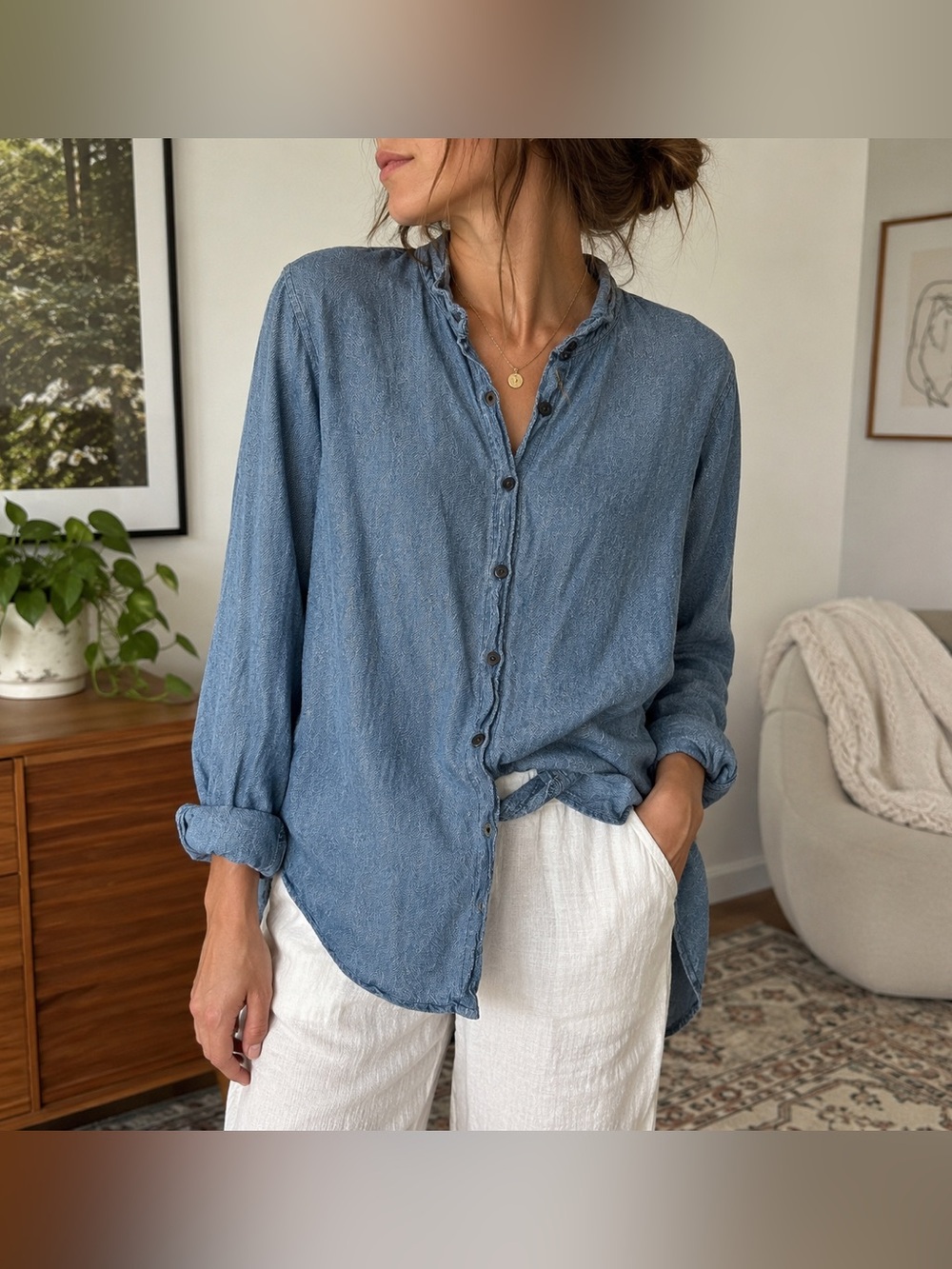 CP Shades Blue Linen Cotton Button Up Shirt Oversized L